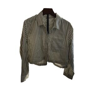 Japza Women's Green/White Button‎ Up Cropped Long Sleeve. Large.